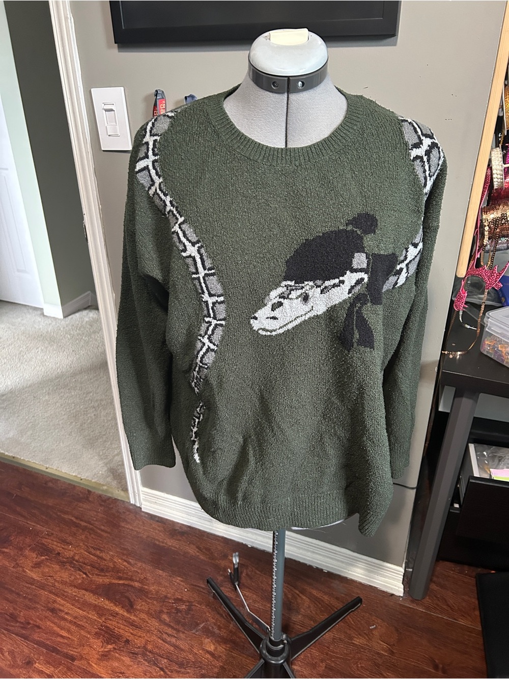 Size Large Women’s Sweater with Snake in a Winter Hat and Scarf